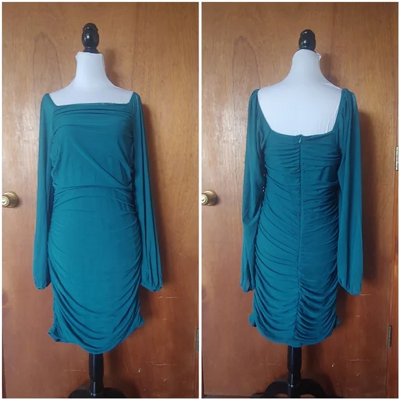 NWT Merokeety Teal Green Blue Mesh Ruched Lanturn Long Sleeve Mini Dress XL - Picture 4 of 16